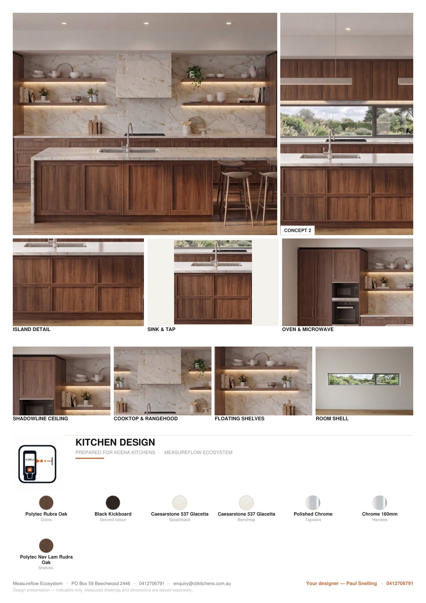 A MeasureFlow client brief page: the chosen concept large, a second concept beside it, seven captioned close-ups, and the finishes schedule along the foot