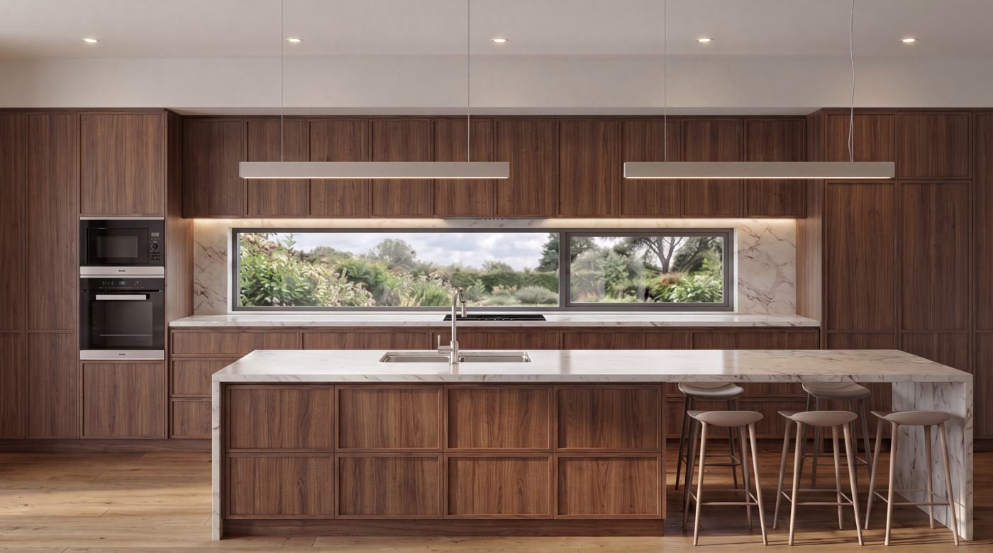 Concept render of a walnut kitchen with a long window, marble island and stools