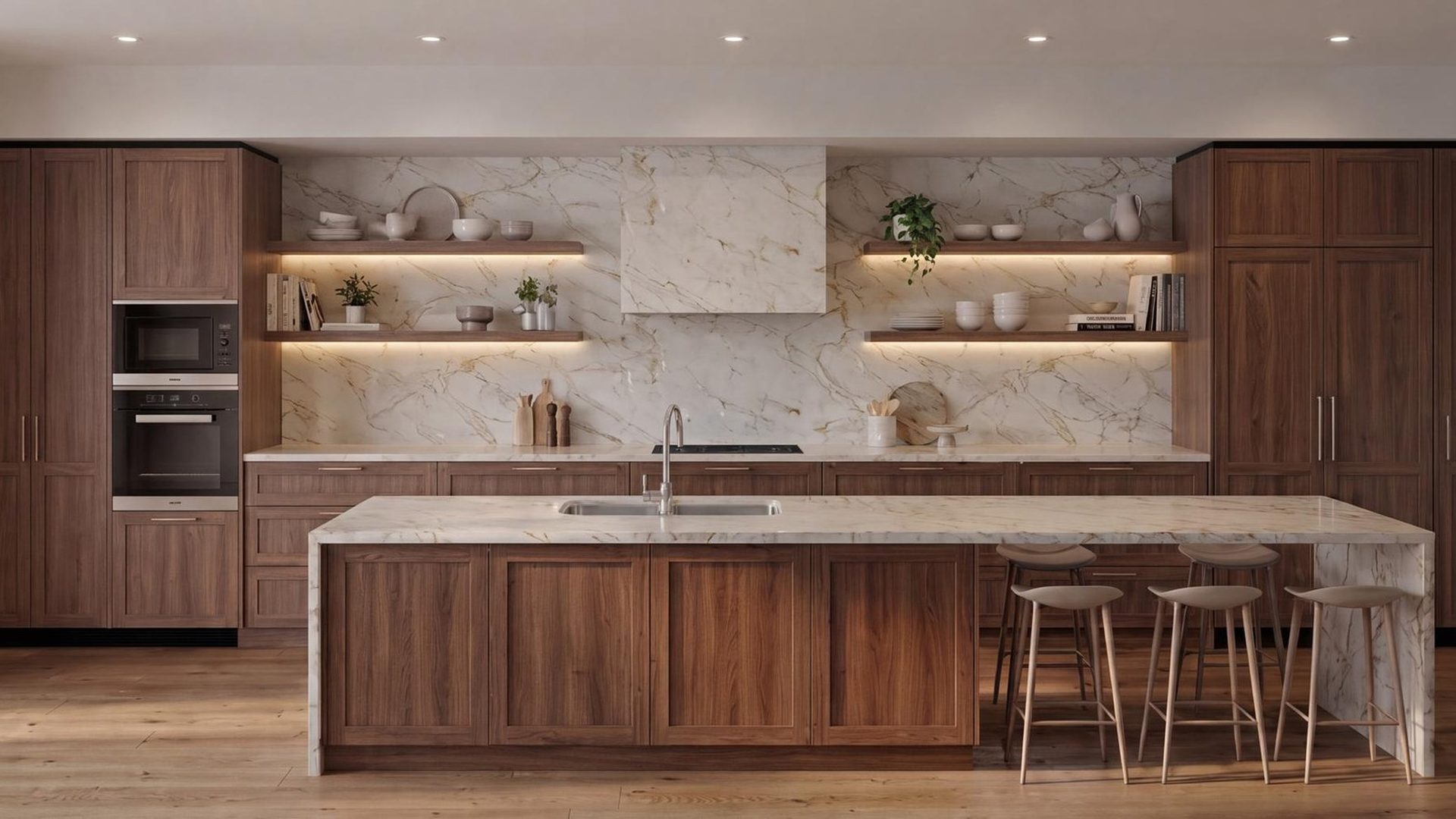 Concept 1: walnut kitchen with a marble island, stone hood box and lit shelves