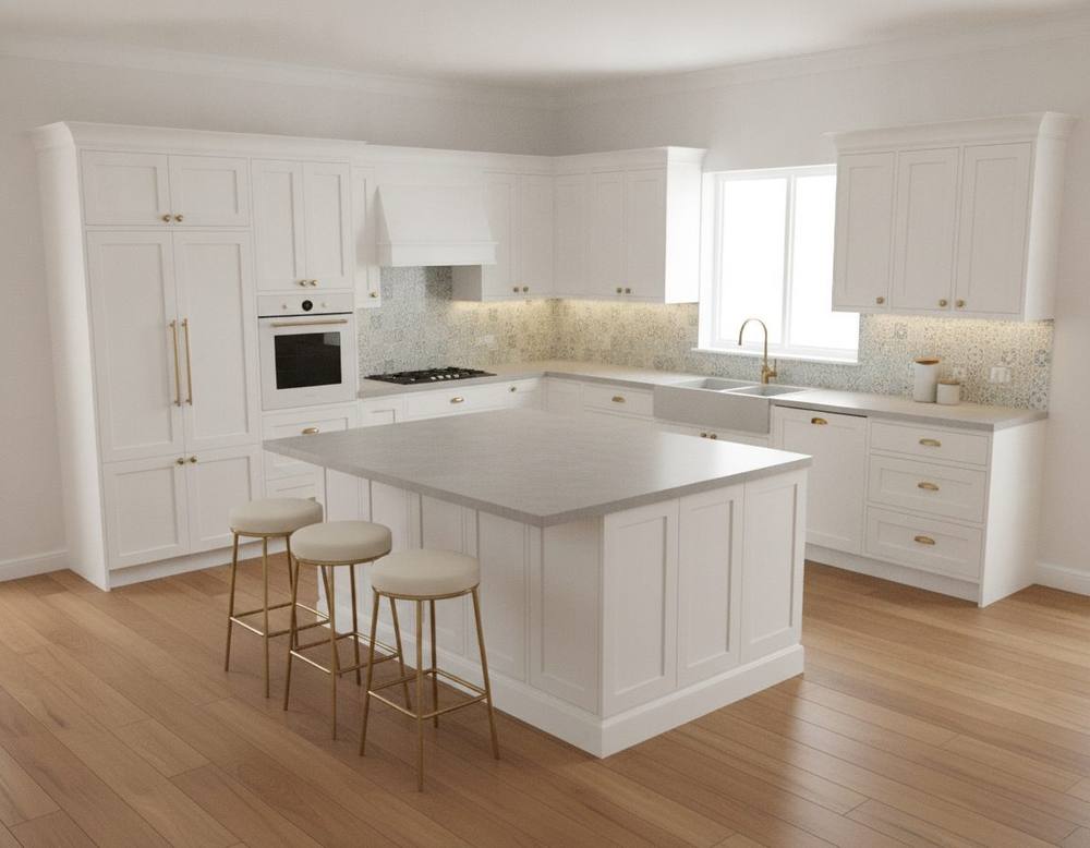 MeasureFlow AI concept render of a white Hamptons kitchen with island, tiled splashback and timber floor